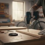 Person using a cordless power drill to drill wood on a workbench at home