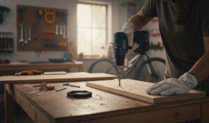 Person using a cordless power drill to drill wood on a workbench at home