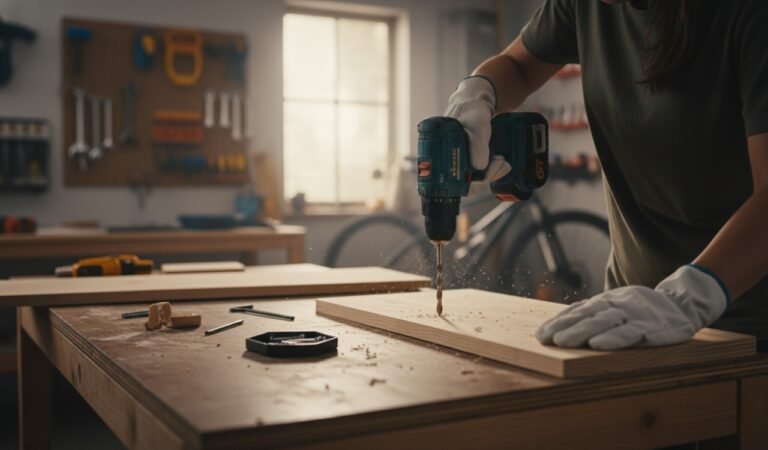Person using a cordless power drill to drill wood on a workbench at home