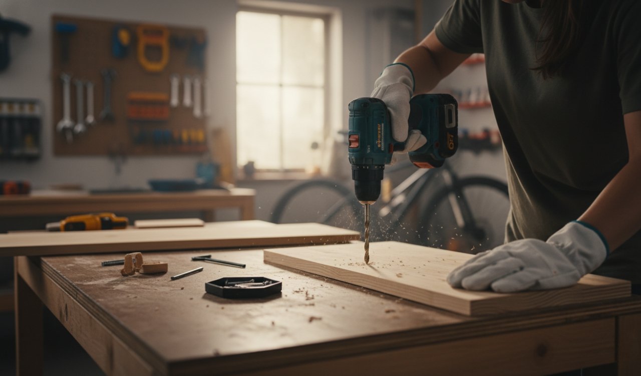 Person using a cordless power drill to drill wood on a workbench at home