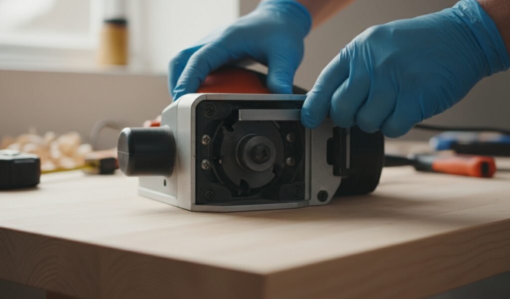 Inspecting electric planer blades before use to ensure safe and smooth cutting