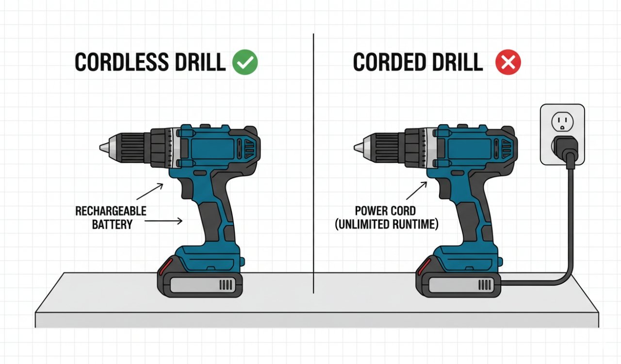 Comparison between cordless drill and corded drill showing rechargeable battery and power cord differences