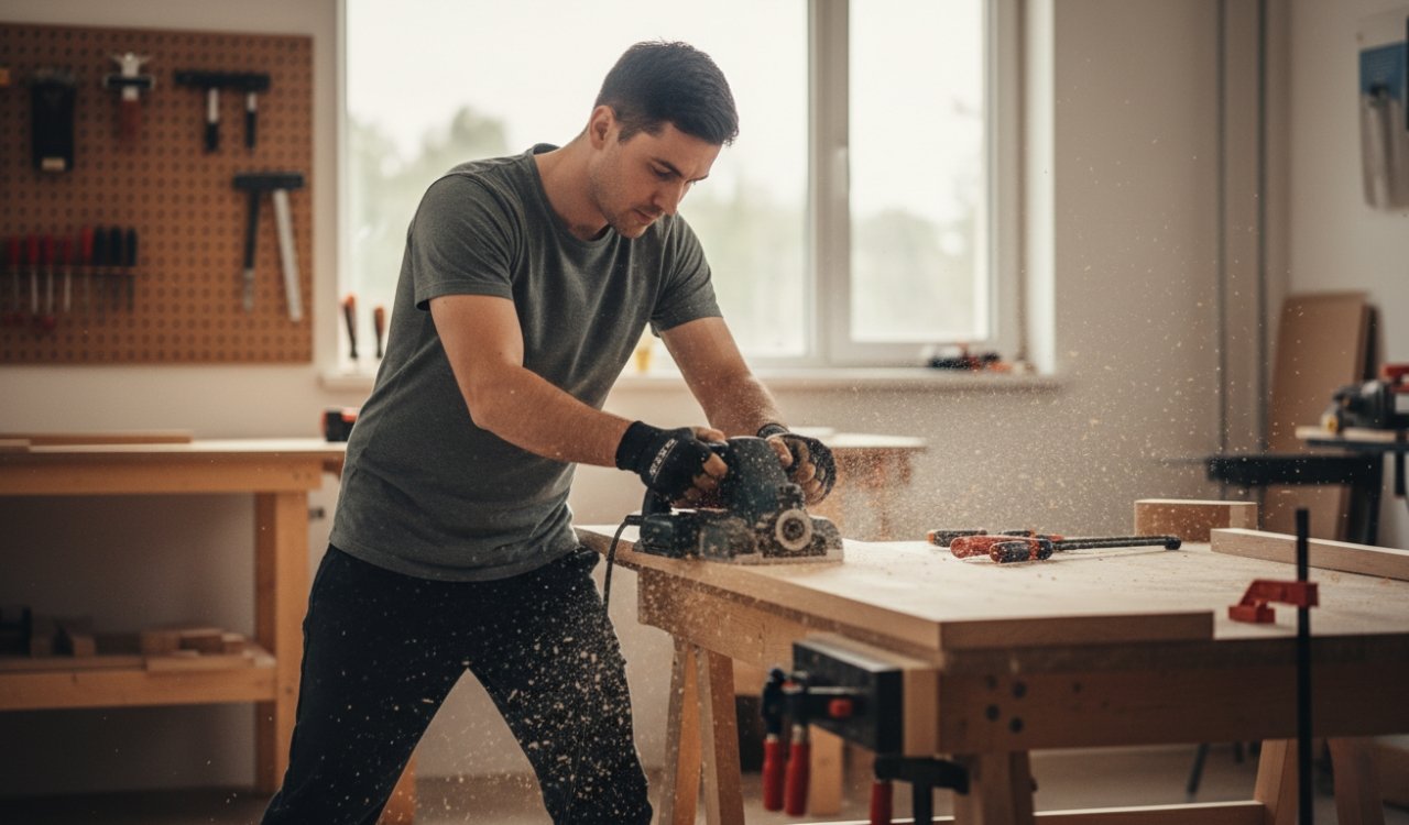 Proper stance and technique while using an electric planer machine on a wooden workbench