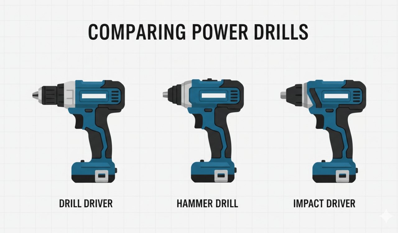 Comparison of drill driver, hammer drill, and impact driver showing different types of power drills for DIY use
