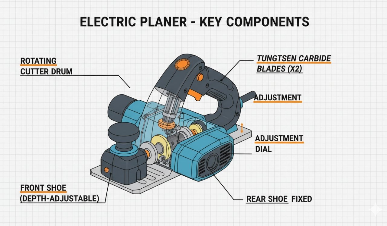 Diagram showing electric planer machine components including rotating drum, blades, front shoe and rear shoe