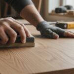 Close-up of a person sanding a wooden board by hand using a sanding block, moving with the wood grain in a workshop setting