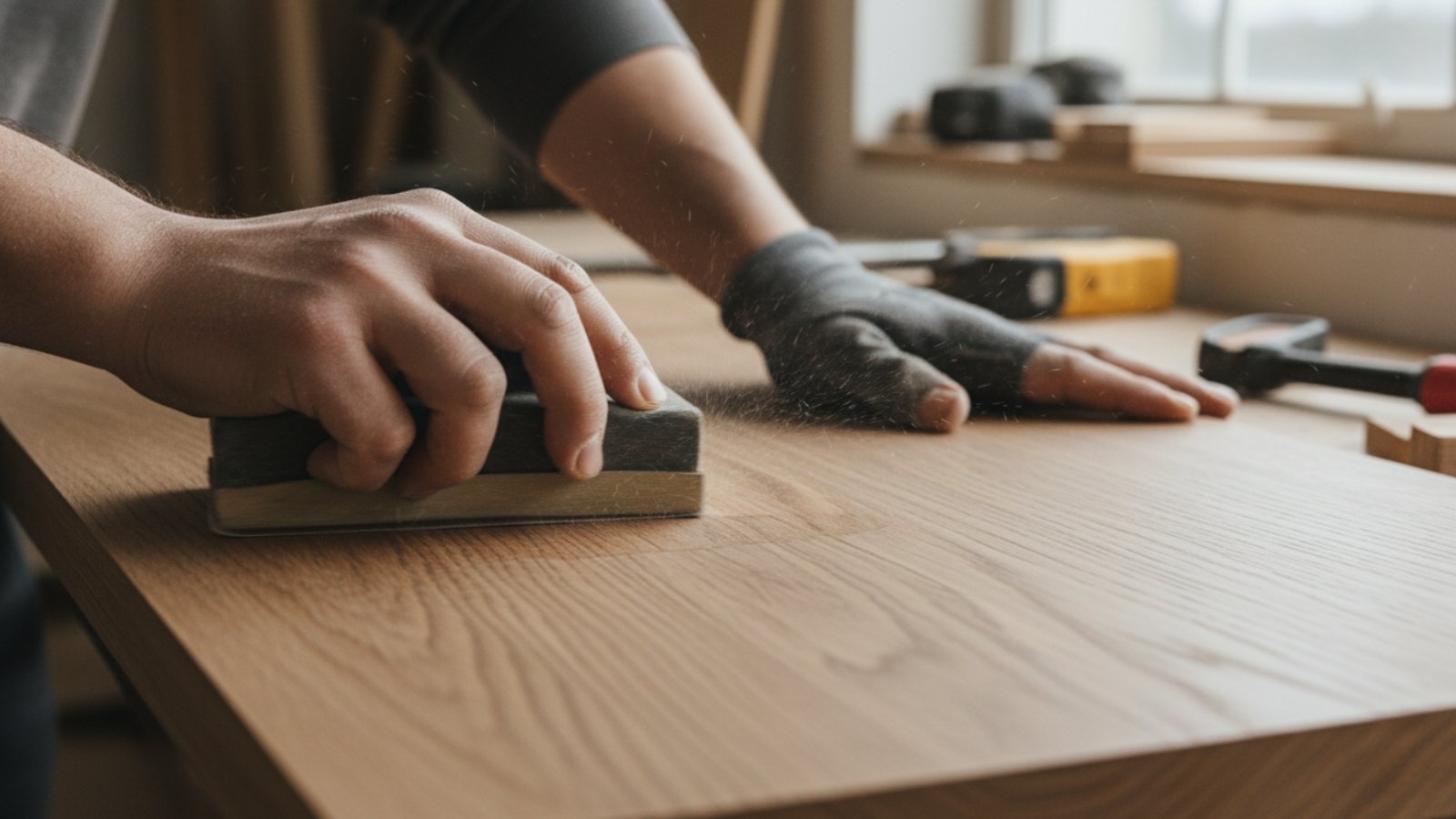 Close-up of a person sanding a wooden board by hand using a sanding block, moving with the wood grain in a workshop setting
