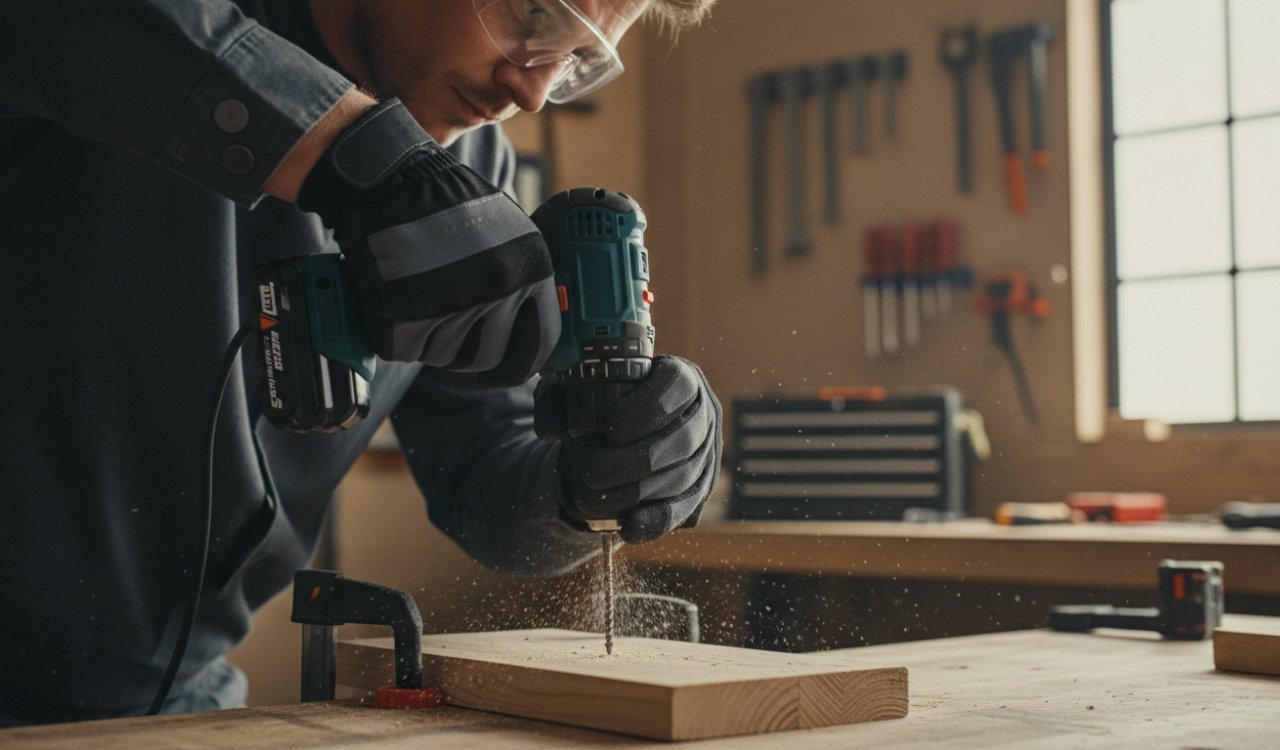 Person wearing safety glasses and gloves while using a cordless drill on a wooden board