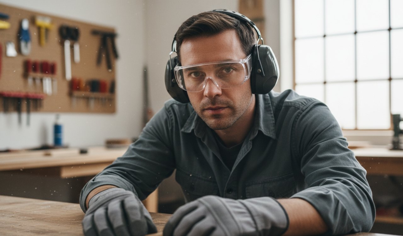 Wearing safety goggles and ear protection while using an electric planer machine