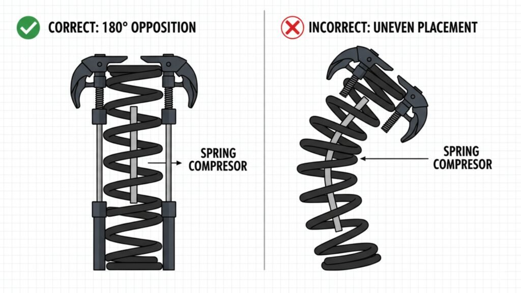 diagram showing correct 180 degree spring compressor placement versus incorrect uneven positioning