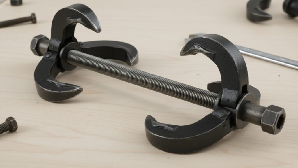 dual claw coil spring compressor tool with threaded rod and adjustable hooks