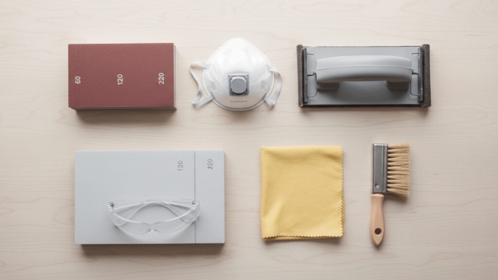 Flat lay of essential hand sanding tools including sandpaper sheets in different grits, sanding block, dust mask, safety glasses, brush, and tack cloth on wooden surface