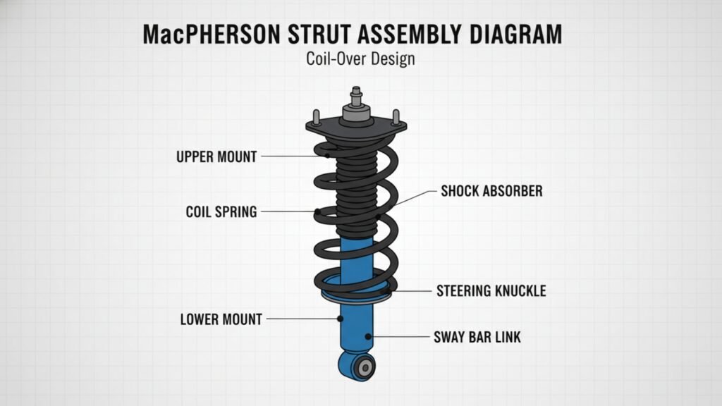 MacPherson strut assembly diagram showing coil spring, shock absorber, upper mount and steering knuckle