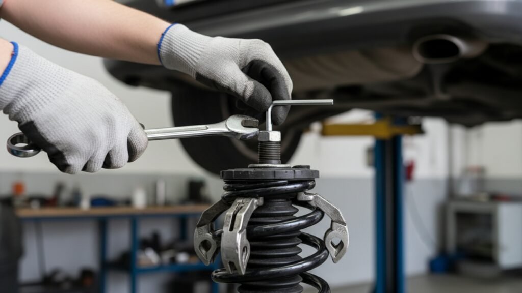 mechanic removing strut top nut with wrench and allen key while spring compressor is installed