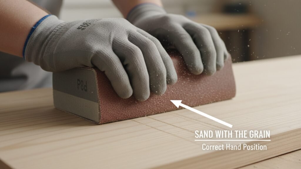 Close-up of hands sanding a wooden board with a sanding block, demonstrating proper sanding technique by moving with the wood grain