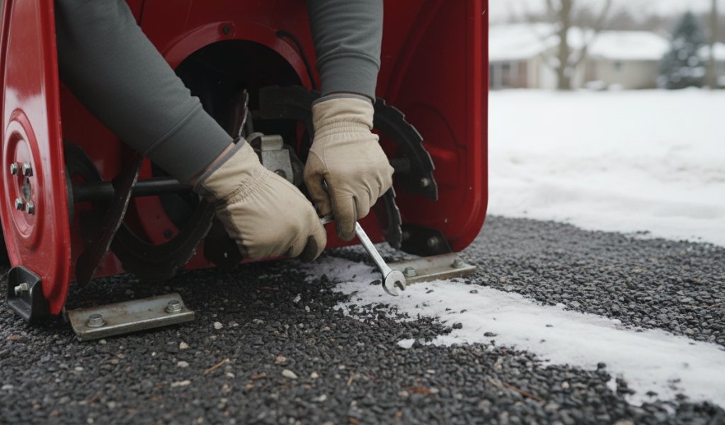 Adjusting snow blower skid shoes on a gravel driveway using a wrench to raise the scraper height for safe snow removal