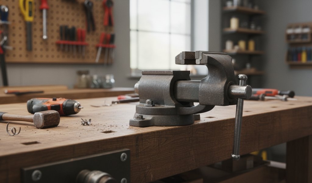Bench vise mounted on a wooden workbench in a workshop setup