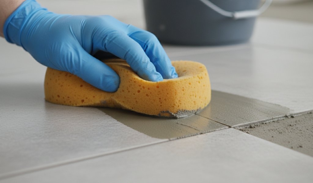 Cleaning excess grout from ceramic floor tiles using a sponge during the tile grouting process