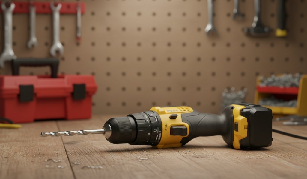 Cordless power drill with drill bit attached placed on a wooden workbench in a workshop