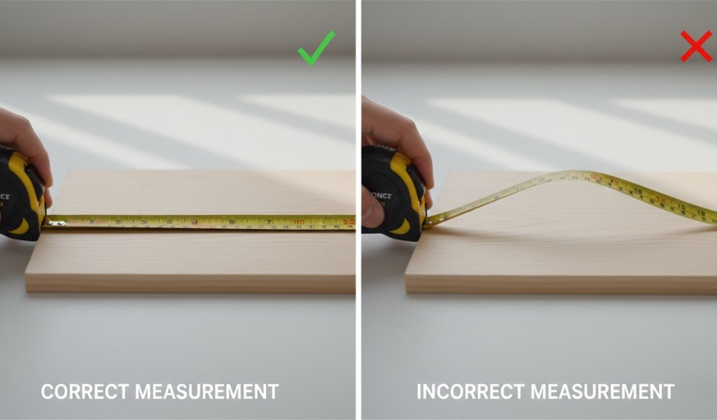 correct vs incorrect tape measure usage showing accurate and inaccurate measurement techniques