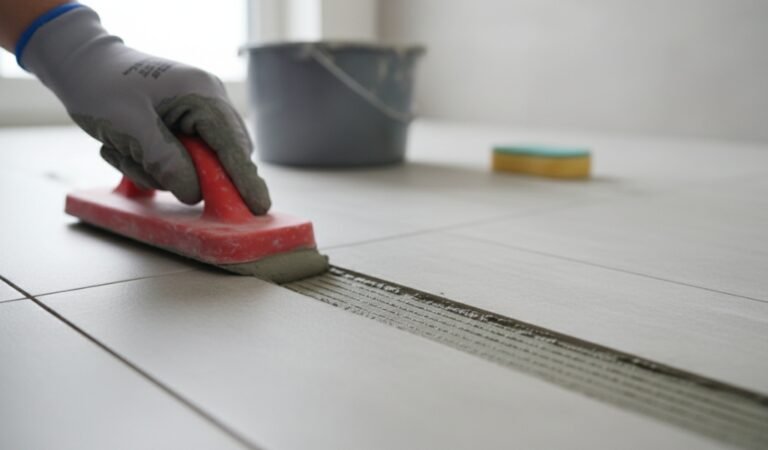 Applying grout between ceramic floor tiles using a rubber grout float during tile installation