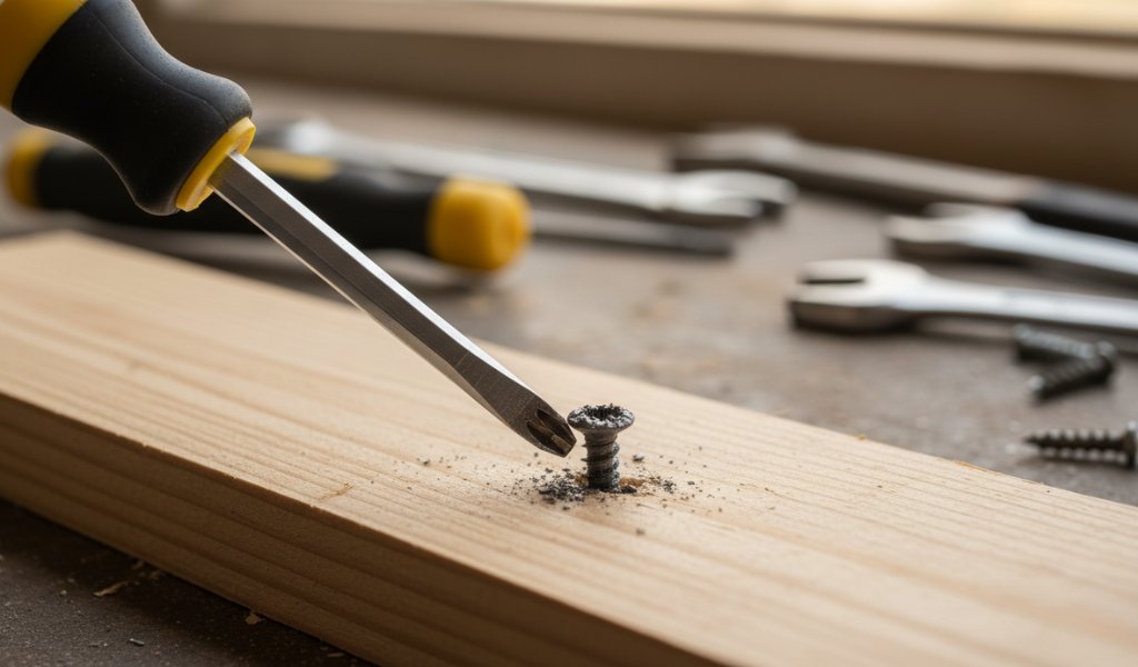 Stripped screw on wooden surface with a screwdriver slipping while trying to remove it