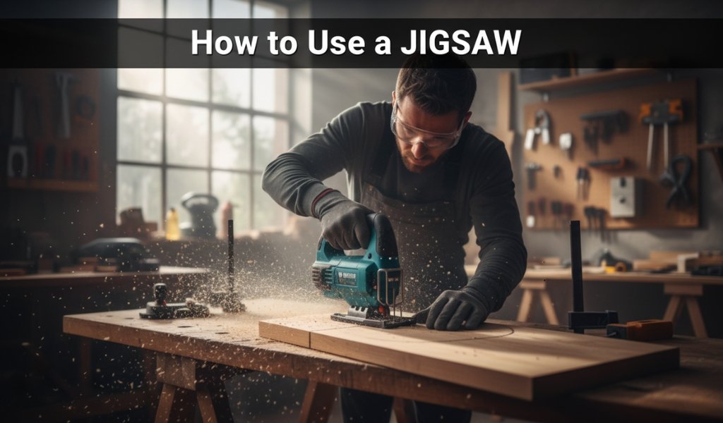 person using a jigsaw to cut wood on workbench