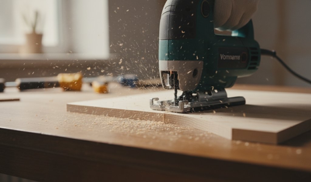 close-up of a jigsaw cutting wood on a workbench for a DIY project