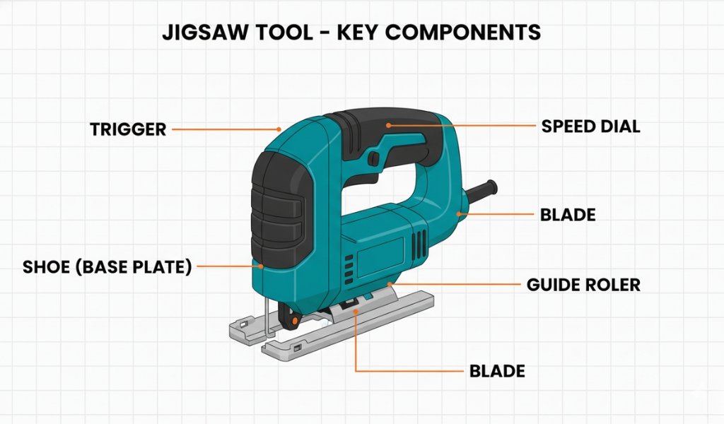 diagram showing key components of a jigsaw tool including trigger, speed dial, blade, guide roller and base plate