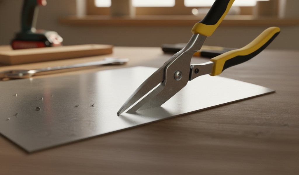 metal shears cutting sheet metal with straight clean cut