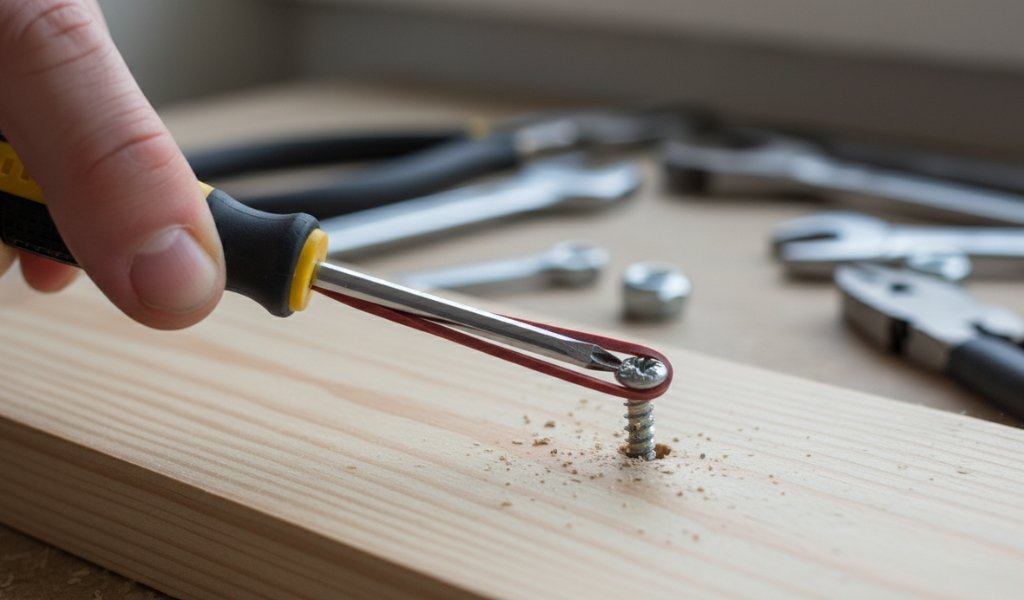 Using a rubber band with a screwdriver to remove a stripped screw from a wooden surface