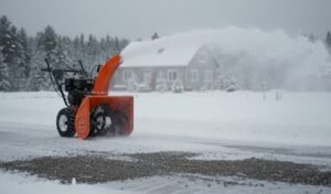 Snow blower clearing snow from a gravel driveway in front of a rural house during winter