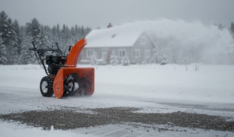 Snow blower clearing snow from a gravel driveway in front of a rural house during winter