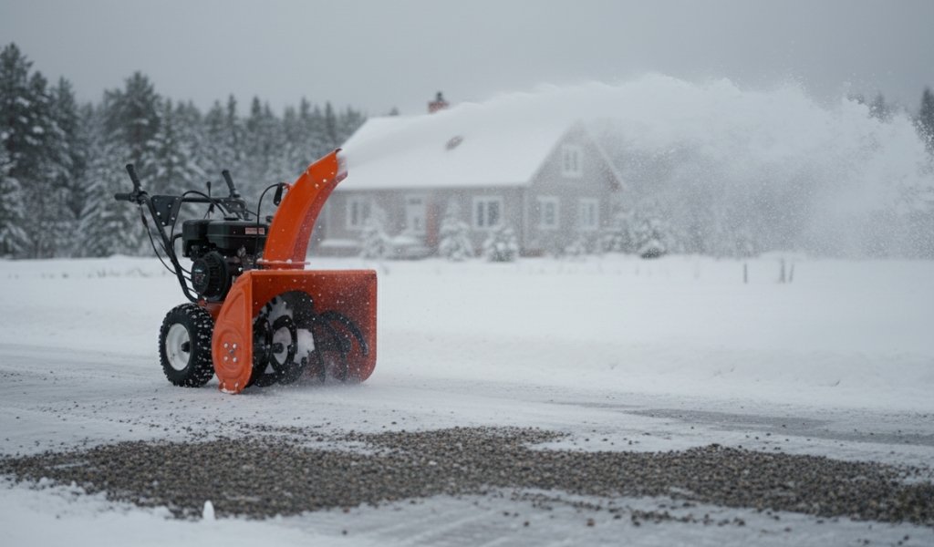 Snow blower clearing snow from a gravel driveway in front of a rural house during winter