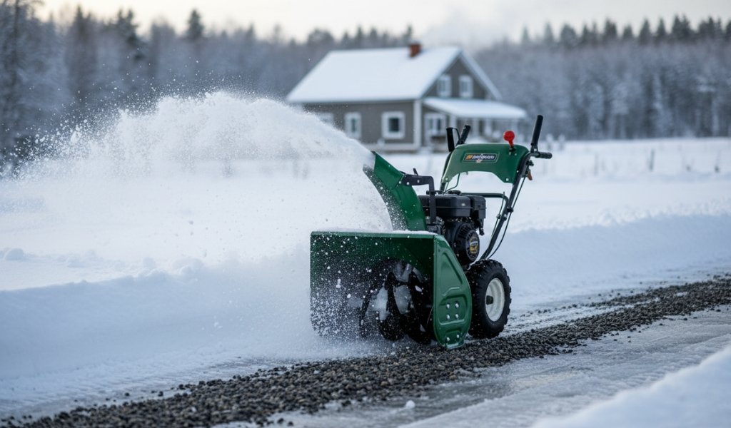Snow blower clearing snow from a gravel driveway in front of a rural house during winter