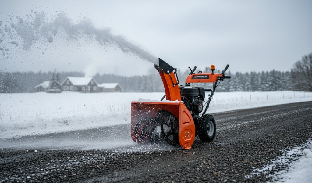 Snow blower clearing snow from a gravel driveway in a rural winter landscape