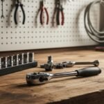 socket wrench set with ratchet and multiple sockets on a wooden workbench