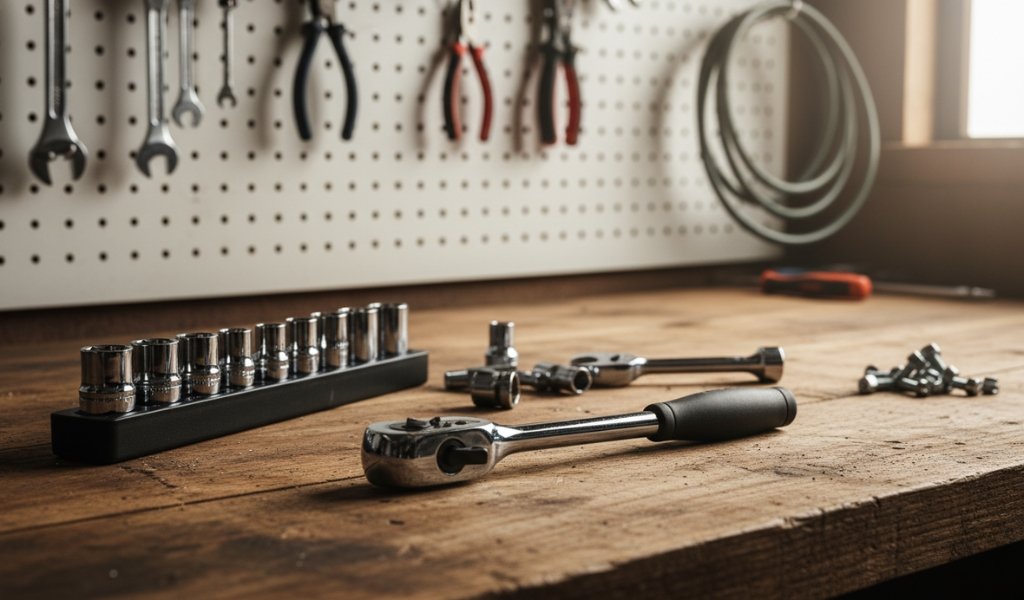 socket wrench set with ratchet and multiple sockets on a wooden workbench