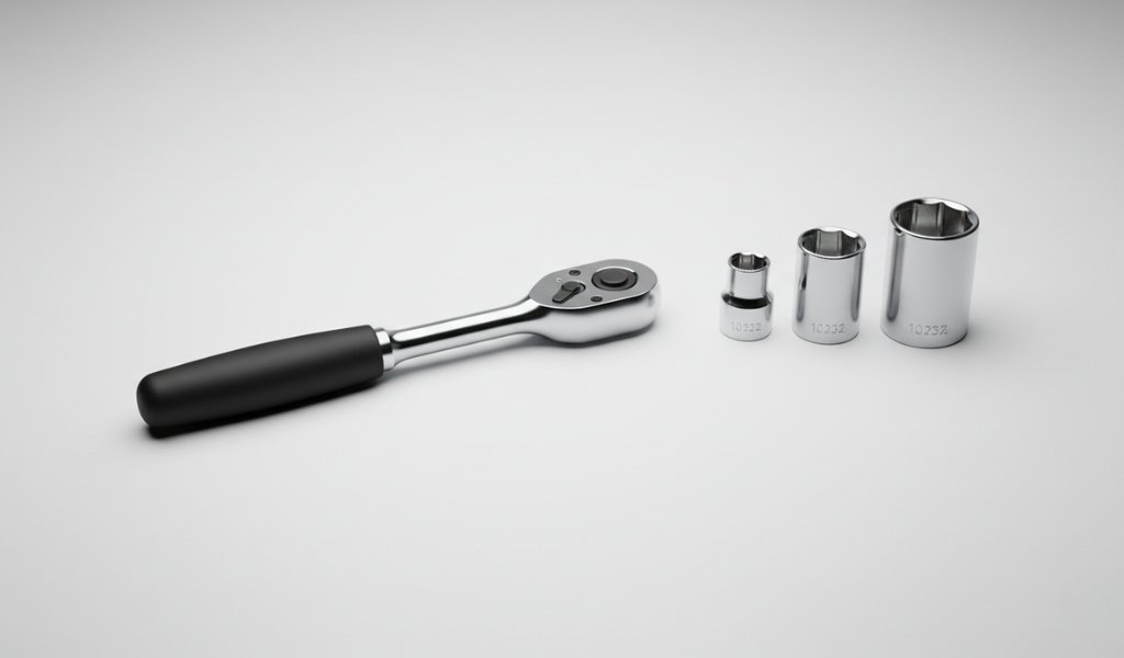 socket wrench with interchangeable sockets on white background