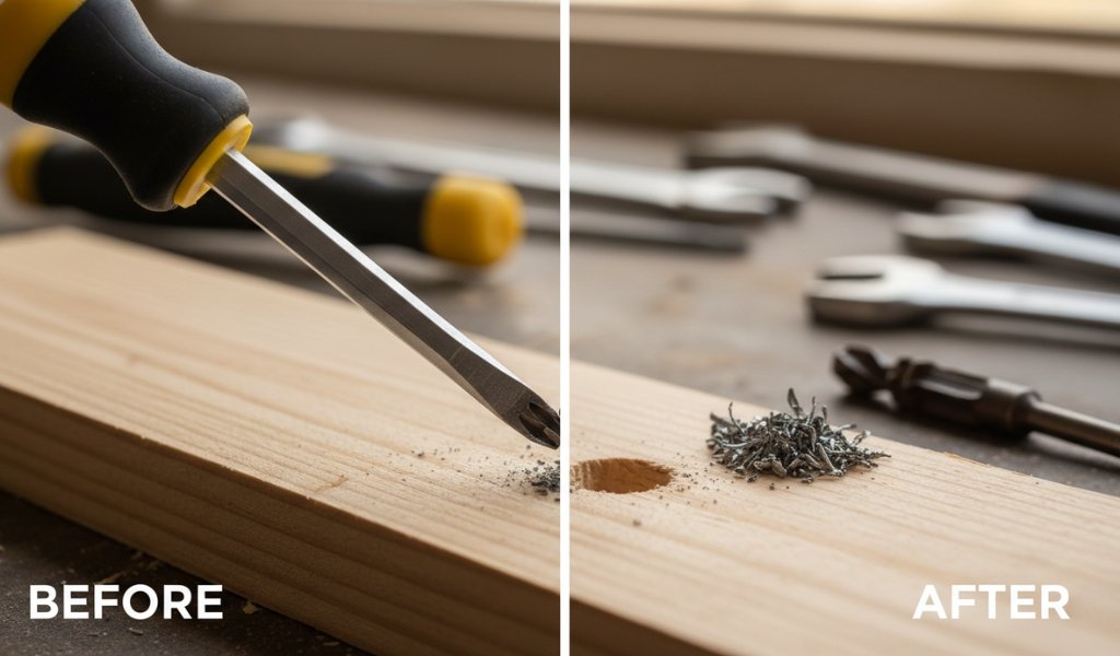 Before and after comparison of removing a stripped screw from wood using proper tools