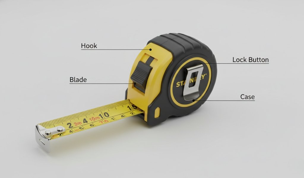 labeled parts of a tape measure including hook blade lock button and case