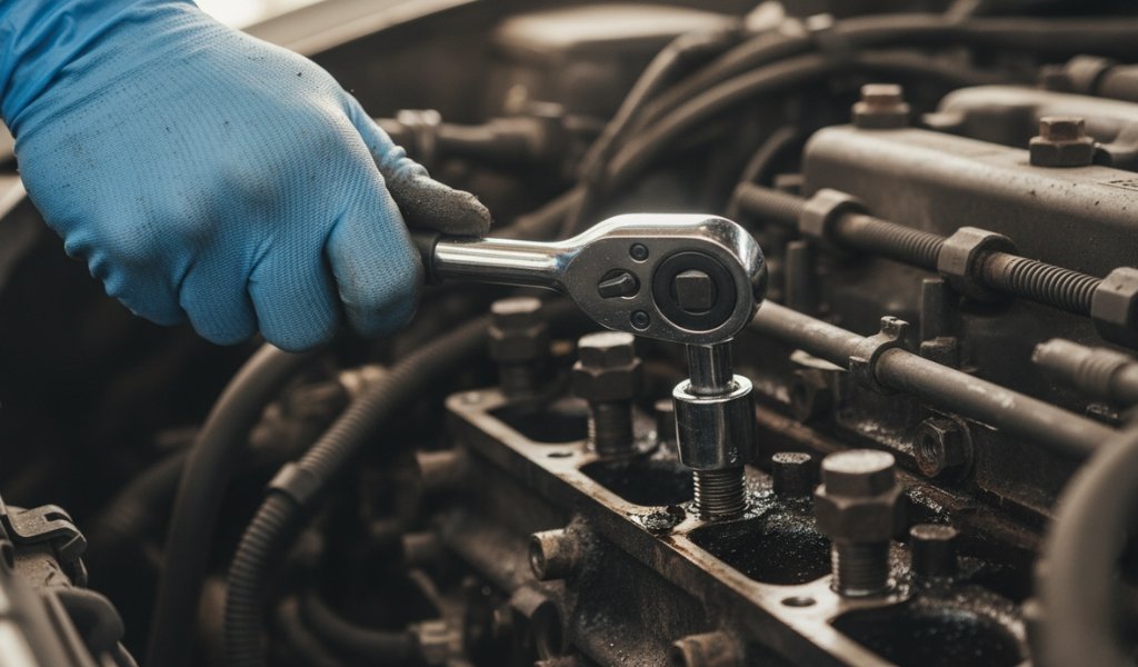 using a socket wrench to tighten bolt in engine bay