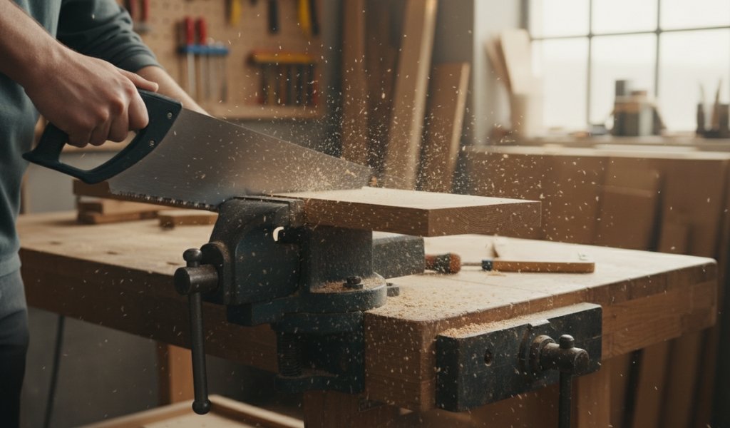 Cutting wood with a hand saw while the piece is secured in a bench vise