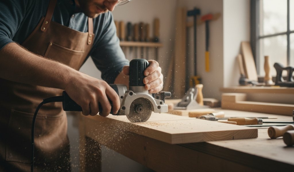 Woodworker using a biscuit joiner to cut a slot in a wooden board in a woodworking workshop