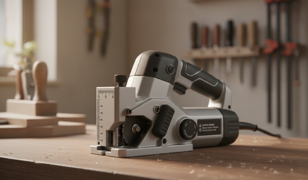 Biscuit joiner woodworking tool placed on a wooden workbench in a woodworking workshop