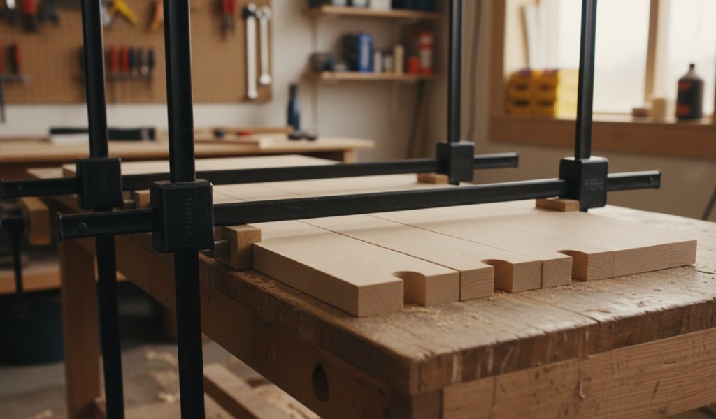 Wood boards aligned with biscuit joinery slots and clamps during a tabletop glue-up in a woodworking workshop