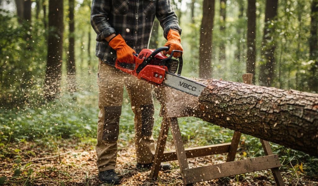 person cutting a log with a chainsaw in the forest with wood chips flying