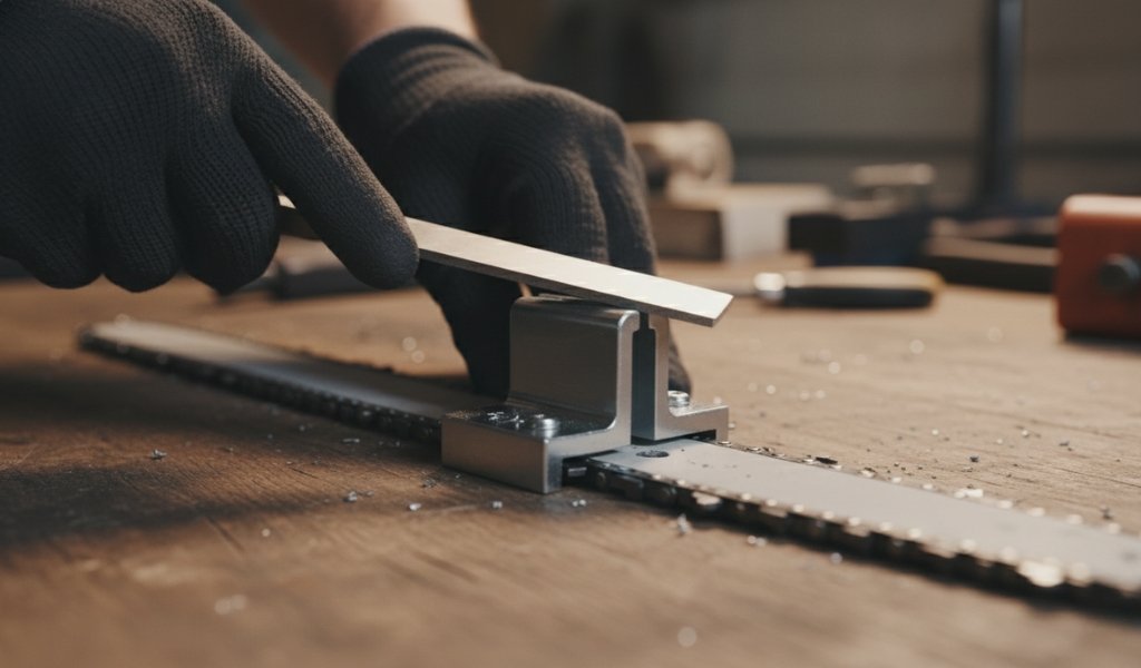 adjusting chainsaw depth gauge with flat file and depth gauge tool