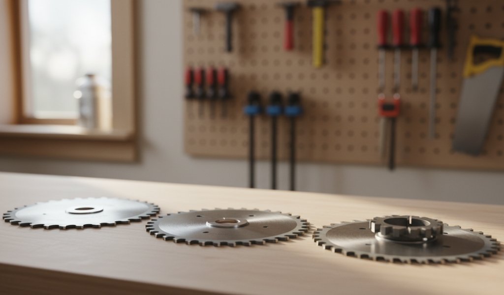 different types of table saw blades placed on a woodworking workbench