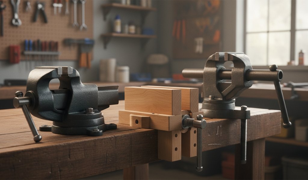 Different types of bench vises mounted on a wooden workbench in a workshop